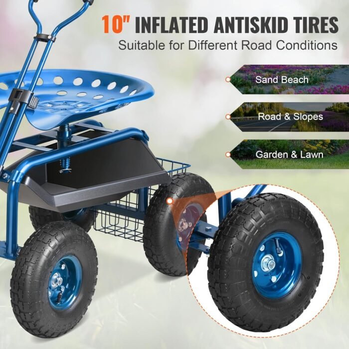 10-inch inflatable tires for smooth movement of the VEVOR garden tools seat on various terrains.