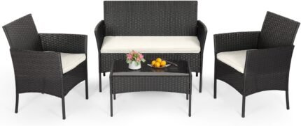 The 3-piece patio furniture set with wicker rattan chairs and a glass table, perfect for outdoor settings.