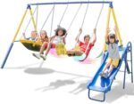 Fun and safe swing set with LED swings, saucer swing, and 5ft slide for kids, with a 500lbs weight capacity for outdoor play.