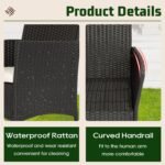 The sleek and modern glass-top table complementing the wicker rattan chairs in the patio furniture set.