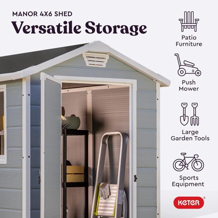 Secure sheds for backyard featuring lockable double doors to protect garden tools and outdoor equipment.