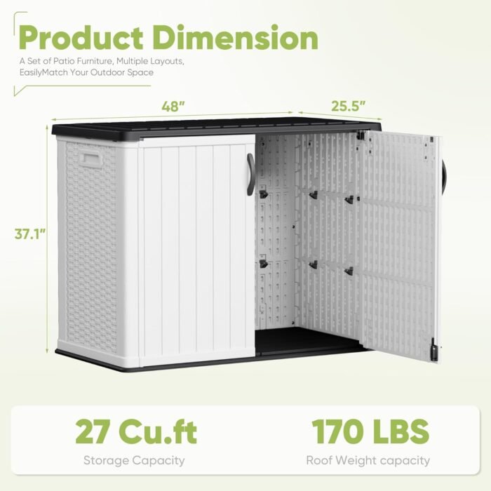 shed displaying the dimensions (25.5"D x 48"W x 37.1"H) and the 55.78 Pounds item weight.